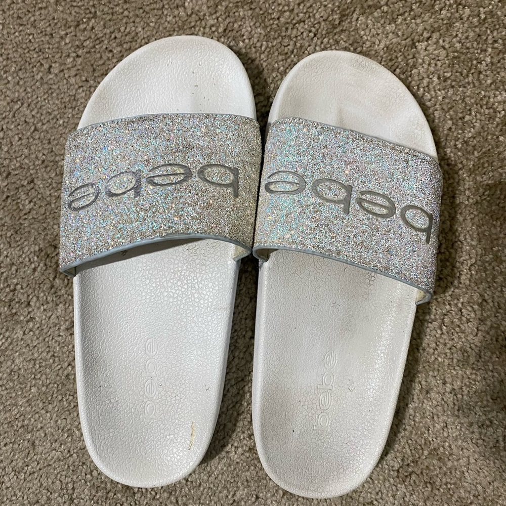 Bebe Silver Glitter Slide Sandals
